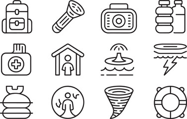 Emergency preparedness and natural disaster icons: survival kit, shelter, water, and weather hazards
