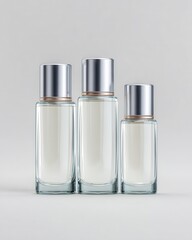 Three transparent glass perfume bottles with silver caps are displayed against a neutral background in varying sizes.