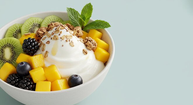 Healthy frozen yogurt bowl topped with fresh fruits, granola, honey drizzle, mint leaves, served in a white ceramic bowl