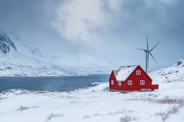 Naklejka premium Windmills harnessing renewable energy near a red cabin in Northern Norway's snowy landscape, Windmills for electric power production Northern Norway