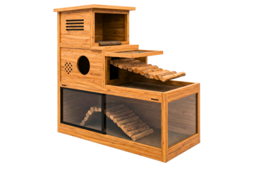 Spacious wooden pet enclosure with ramps for small animals isolated on a transparent background