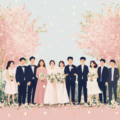 Outdoor Wedding with Korean Guests Full Body Photo, Front, Modernism Style, Flat Illustration, Simple Image Vector, 2D Effect made with generative AI