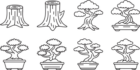 Nature-inspired bonsai and tree stump icons, representing natural growth and miniature landscapes