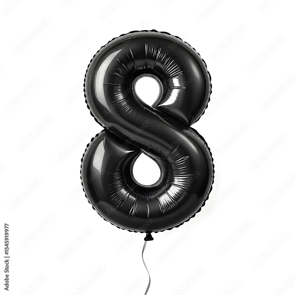Fototapete a balloon shaped like the number 8,matte black metallic finish with realistic reflections and smooth