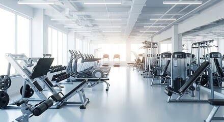 Modern and bright gym interior featuring exercise machines and fitness equipment