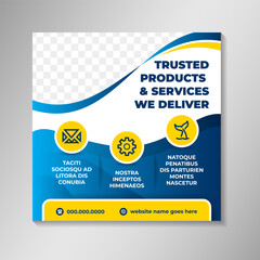 trusted products and services we deliver social media post or web banner with blue gradient and yellow colors template, Smart brand products service on square layout.