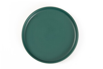 Empty green circle ceramics plate isolated on white background,top view.