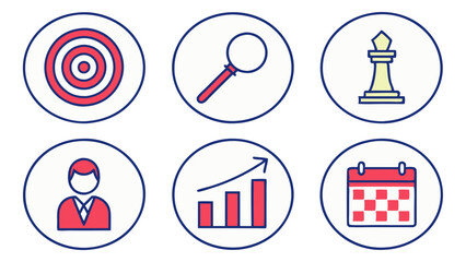 Collection of target, magnifying glass, chess piece, person, graph and calendar icons in circles