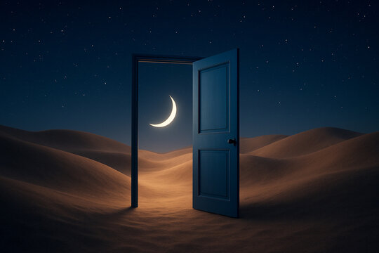 Porta aperta nel deserto sotto le stelle, visione onirica e surreale, concetto di sogno