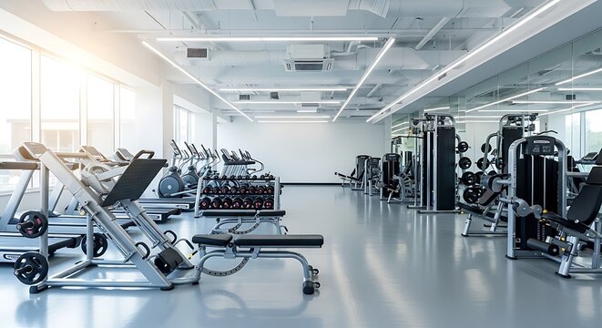 Modern bright gym interior showcasing exercise equipment and training facilities available for workout.