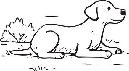 Obraz premium Gentle black-and-white drawing of a puppy lying down in a park, perfect for calm pet art or nursery decor. Depicts a peaceful moment of rest in a natural outdoor setting