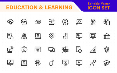 Education set of web icons in line style. Learning icons for web and mobile app. E-learning, video tutorial, knowledge, study, school, university, webinar, online education.