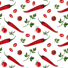Seamless pattern with pepper. Red hot chili with cherry tomatoes. Parsley and basil. Spices for cooking. Watercolor illustration without background. Hand drawing. Pattern for fabric and textile.