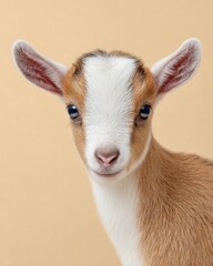 Fototapeta premium Close-up of a young brown and white goat kid against a beige background, showing its curious and gentle expression.