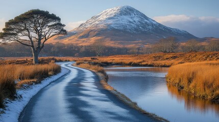 Winding road leading to a mountain landscape with a calm river.