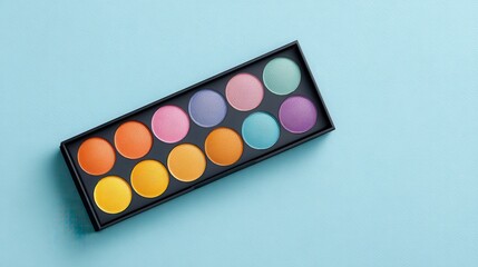 A colorful eyeshadow palette with twelve vibrant shades on a blue textured surface.