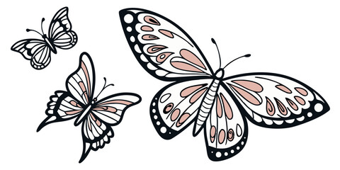 Three stylized butterflies with intricate wing patterns in black outlines and pale pink accents