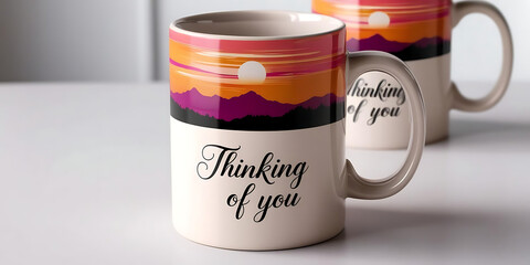 Two coffee mugs with a colorful mountain sunset design