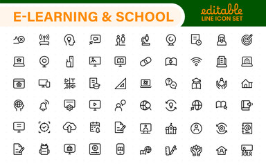 Education set of web icons in line style. Learning icons for web and mobile app. E-learning, video tutorial, knowledge, study, school, university, webinar, online education.