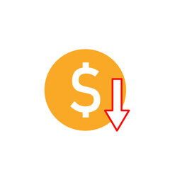 Dollar coin with down arrow – financial loss or currency drop icon vector