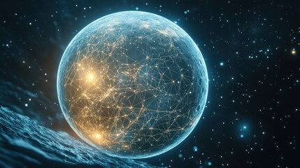 Globular network sphere, interconnected nodes, and glowing connections in space.