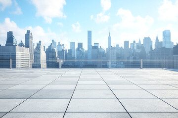 Fototapeta premium Rooftop view of a city skyline on a sunny day showing modern buildings and a clear blue sky