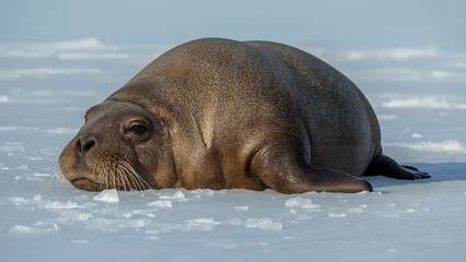 Dark Brown Seal Resting on Snowy Ice Floe