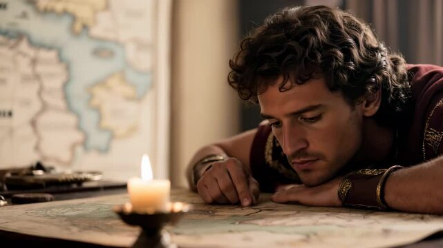 Alexander the Great Ancient strategist studies maps by candlelight