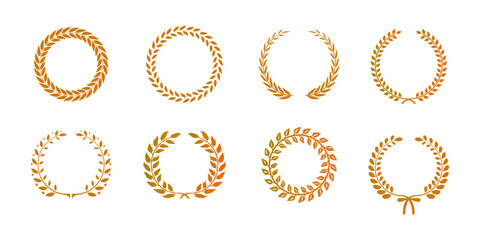 Set of gold silhouette circular laurel foliate and wheat wreaths depicting an award achievement corona palma rome