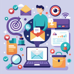 Seamless Multi-Channel Marketing Strategy Illustration Showcasing Integrated Customer Engagement Across Digital, Print, and Social Platforms