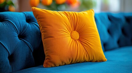 Teal blue velvet sofa with an orange pillow.  Close-up