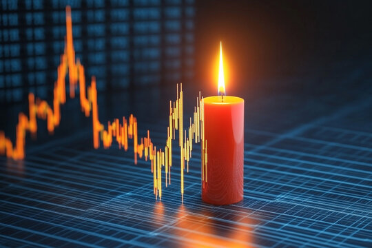 Lit candle on a financial graph showing market decline - Powered by Adobe