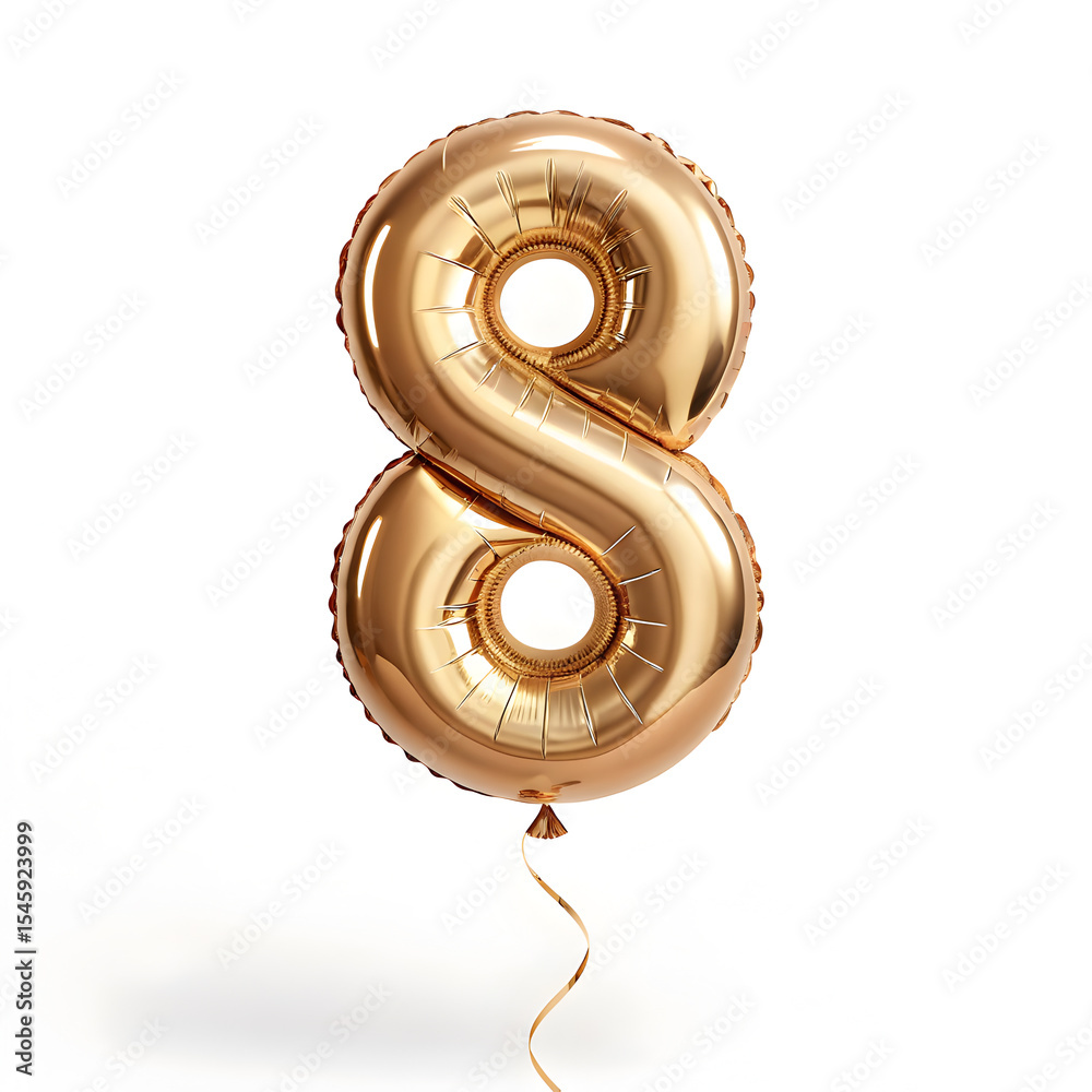 Fototapete a balloon shaped like the number 8 ,gold metallic finish with realistic reflections and smooth textu
