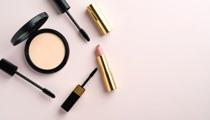Flat Lay of Face Powder, Mascara, and Lipstick