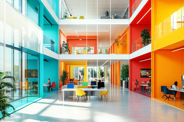 Colorful modern office workspace design featuring vibrant walls and open floor plan with employees working at desks and in collaborative spaces