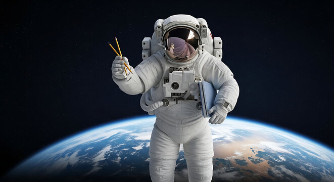 Astronaut Enjoying Zero-Gravity Meal Space Food and Chopsticks
