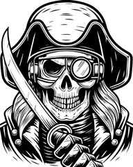 Fototapeta premium SVG of a cyber pirate skull with a futuristic skeleton design. Skull Pirate Holding Sword with Monocle and Hat in Black and White