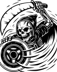 Obraz premium SVG of a cyber pirate skull with a futuristic skeleton design. Grim Reaper with Scythe and Wheel in Black and White Art Illustration