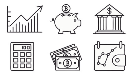Line art icons depicting financial growth piggy bank bank calculator money and calendar with graph