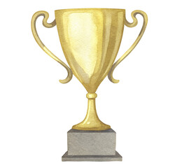 Watercolor golden trophy on a base on transparent background.