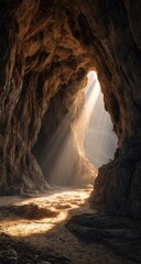 Sunbeams illuminate a dark cave's sandy interior, creating a mystical, awe-inspiring scene