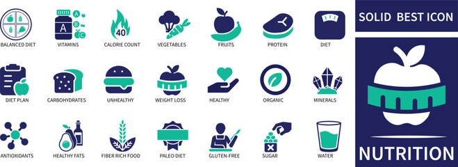 Nutrition Icon Set Healthy Food, Vitamins, Diet, Wellness, Super food Icons 