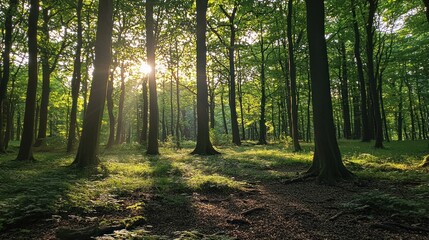 Obraz premium Sunlight filters through a dense woodland.