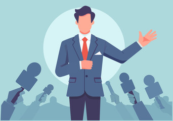 Illustration of a man in a suit giving an interview to the media.