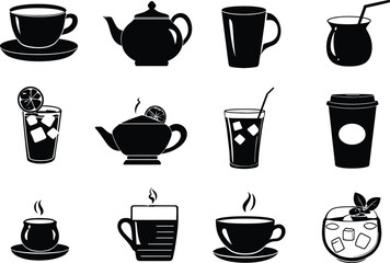 Black and White Beverage Icon Set – Monochrome Drink Illustrations of Cups, Mugs, Teapots, and Glasses for Cafe Branding, Kitchen Decor, and Menu Design Projects