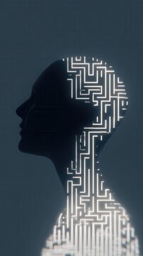 Silhouette Head with Glowing Maze of Thoughts