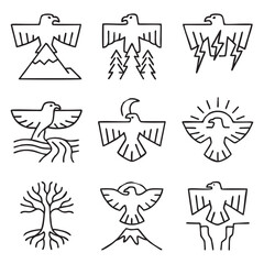 Fototapeta premium Thunderbird Nature Elements Icon Set – Black and White Vector Line Art