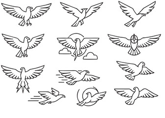 Black and White Outline Vector Icons of Thunderbird in Various Flying Poses – Minimalist Mythical Bird Line Art Set