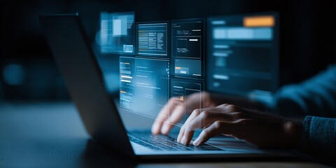 Coding interface showing hands using laptop. Programming and software development in futuristic setting with data flowing, technology concept.