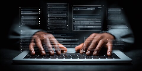 Coding on Laptop: A person types on a laptop, surrounded by digital code. Focus on hands and keyboard against a dark background.